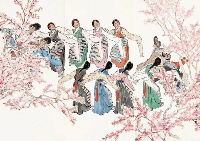 葉淺予高原之春紙本設(shè)色211cm×98cm、211cm×105cm、211cm×98cm1964年